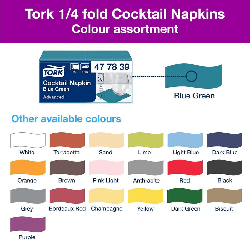 Tork 477839 Cocktailservietten Blaugrün / Cocktail Serviette in Advanced Qualität mit 1/4 Falz / 12