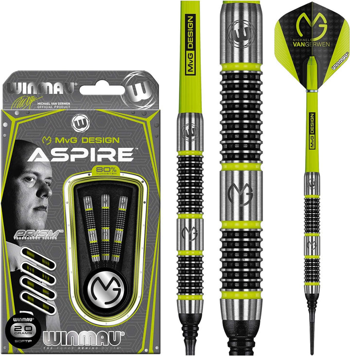 WINMAU Michael Van Gerwen MvG Aspire 20g Profi Wolfram Softip Dartpfeile Set mit Flights und Schäfte
