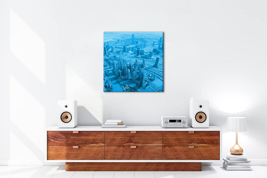 deyoli Skyline von Dubai Format: 70x70 Effekt: Monocrome Blau als Leinwandbild, Motiv fertig gerahmt