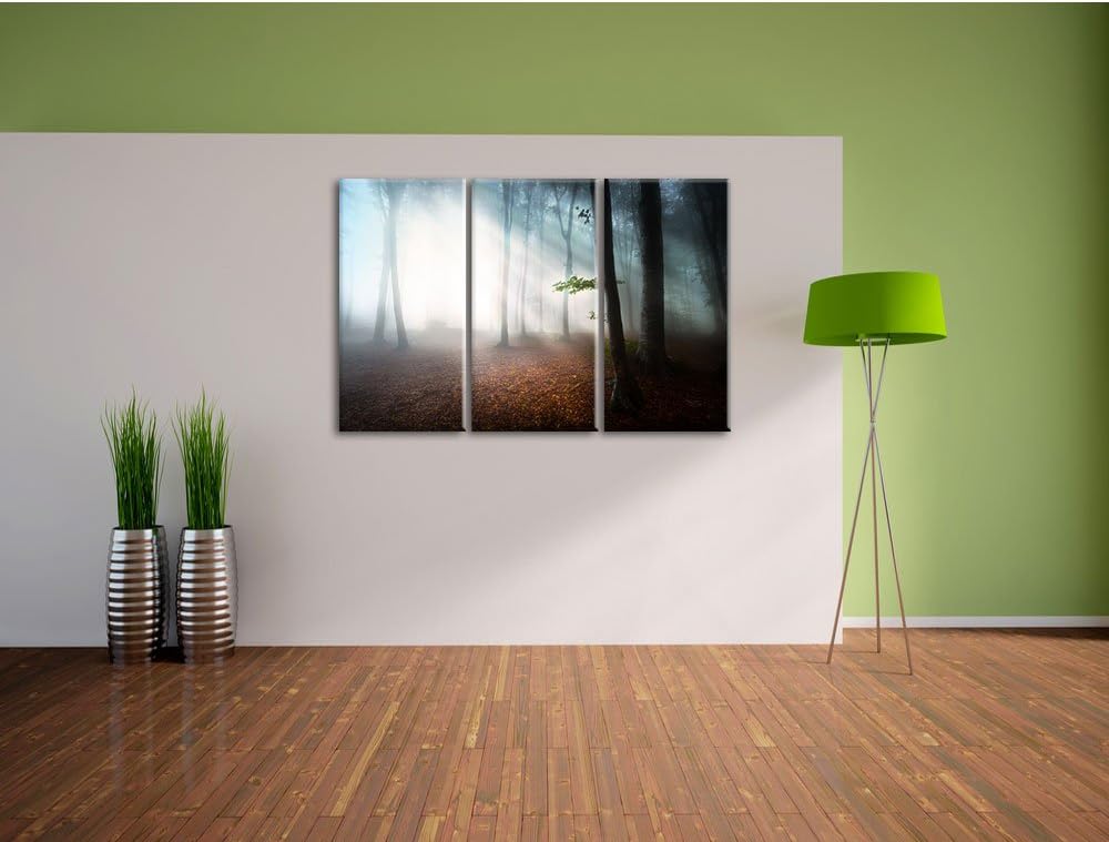 Pixxprint Düsterer Wald im Nebel als Leinwandbild/Grösse: 3 Teilig (120x80) cm/Wandbild/Kunstdruck/f