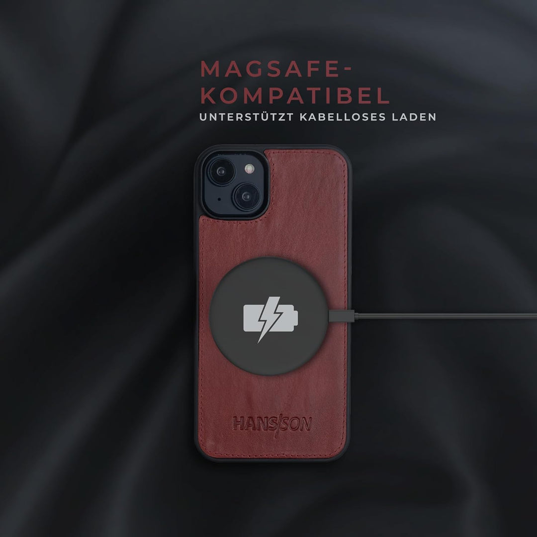 HANS/SON Lederhülle mit Kartenfächern | iPhone 14 | Echtleder | 6,1 Zoll | Schmal | Klapphülle | Sto