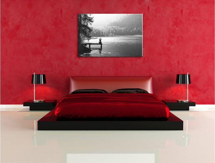 Yoga am See Kunst B&W, Format: 100x70 auf Leinwand, XXL riesige Bilder fertig gerahmt mit Keilrahmen