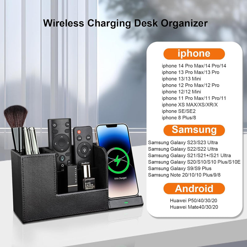 KINGFOM Büroset 5Pcs PU Leder Schreibtisch Set mit Wireless Charging Schreibtisch Organizer, Kosmeti