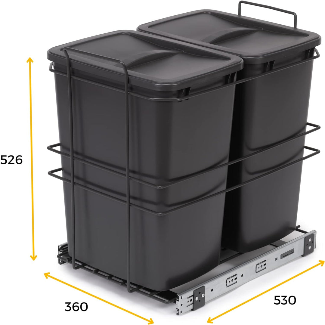 Emuca - Recycling-Behälter für die Küche, 2 x 35 L, Bodenbefestigung und Handauszug, Anthrazitgrauer