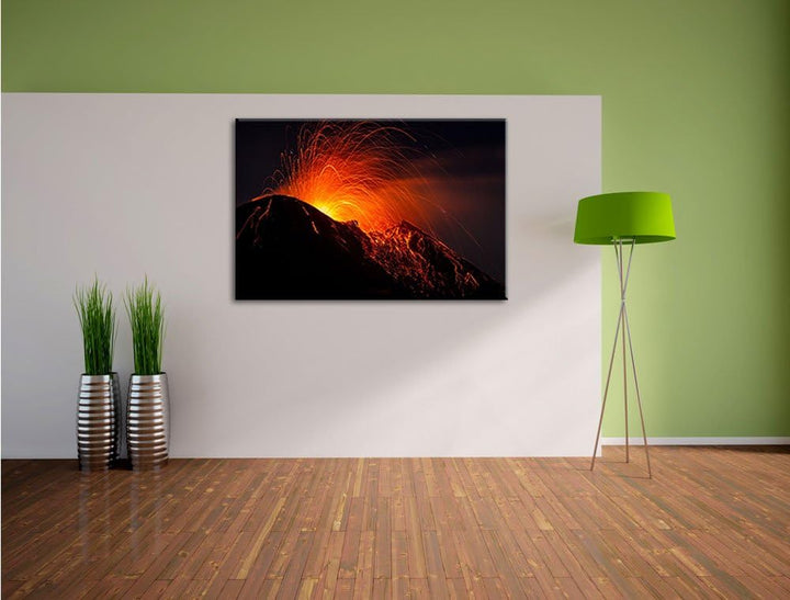 Dark Bedrohlicher Vulkanausbruch Format: 120x80 auf Leinwand, XXL riesige Bilder fertig gerahmt mit