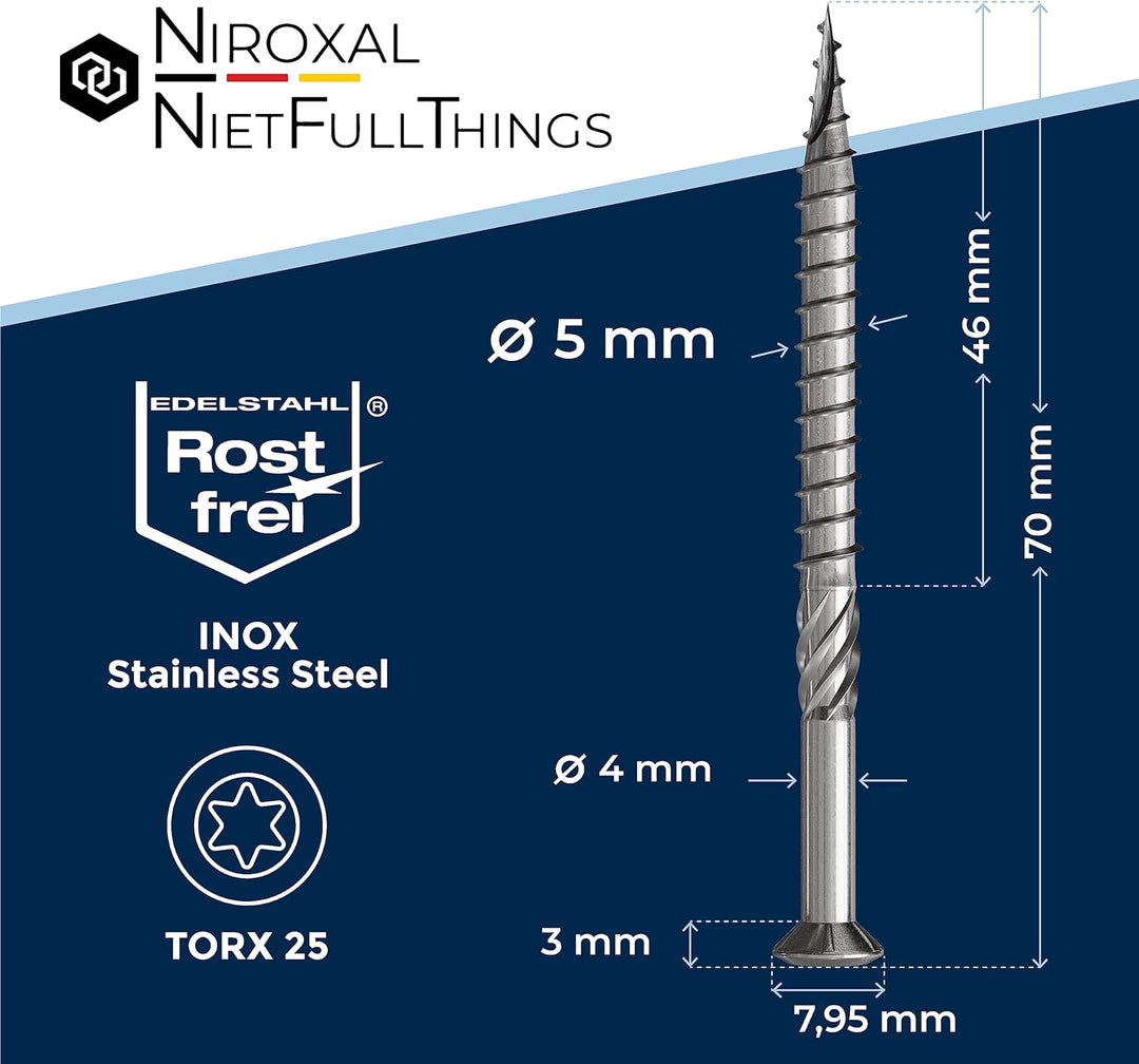 200 Stück Terrassenschrauben 5 x 70 mm lang | PERFEKT für 27 mm Terrassendielen | rostfreier gehärte