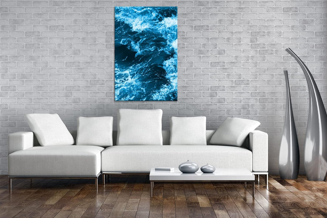 deyoli stürmische Wellen Format 80x60 Effekt: Monocrome Blau als Leinwandbild, Motiv fertig gerahmt