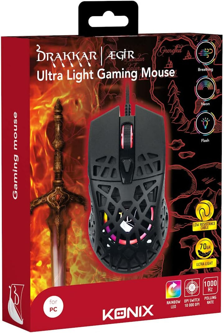 Konix Drakkar Kabelgebundene Gaming-Maus Aegir Ultra Light 70 g für PC - 7 Tasten - 7 DPI-Stufen - R