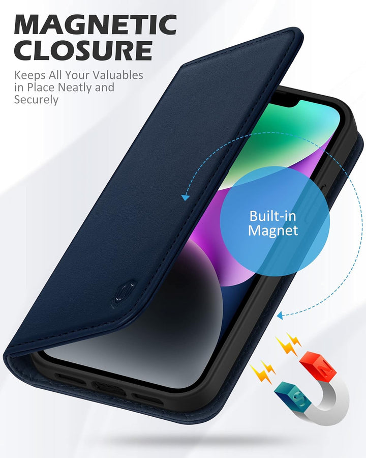 SHIELDON Hülle für iPhone 14 Plus 5G, Schuzhülle [Echtleder] [Kartenfach] [Verdicht TPU], Magnetisch