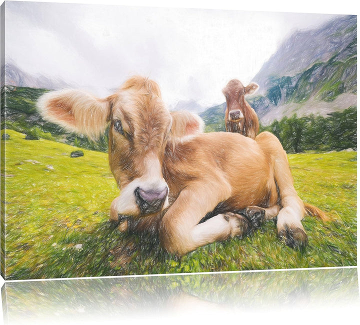 Pixxprint Almkuh in den Bergen / 100x70cm Leinwandbild bespannt auf Holzrahmen/Wandbild Kunstdruck D