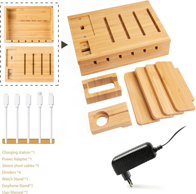 TechDot Handy USB Ladestation Bambus Ladestation Mehrere Geräte 5 Port USB Multi Ladestation Bamboo