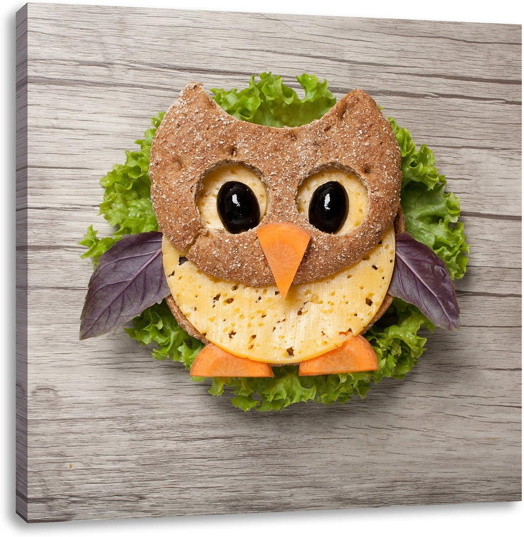 das lustige Eulen Sandwich, Format: 70x70 auf Leinwand, XXL riesige Bilder fertig gerahmt mit Keilra