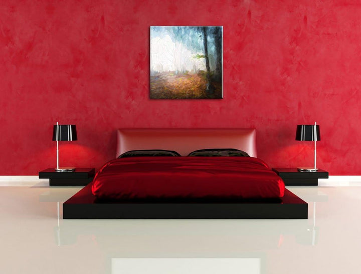 Pixxprint Düsterer Wald im Nebel Pinsel Effekt, Format: 70x70 auf Leinwand, 70x70