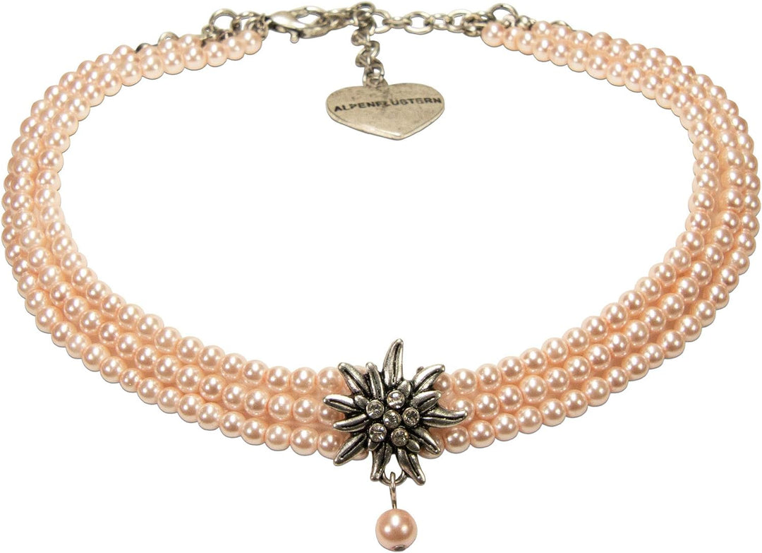 Alpenflüstern Trachten-Perlen-Kropfkette Strass-Edelweiss - Damen-Trachtenschmuck mit antik-silber-f