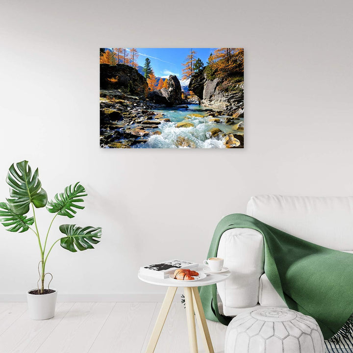 Feeby Vlies Leinwandbild Felsen Berge Bäume 120x80 cm Wanddeko Design Kunstdruck Zimmerdeko Bilderwa