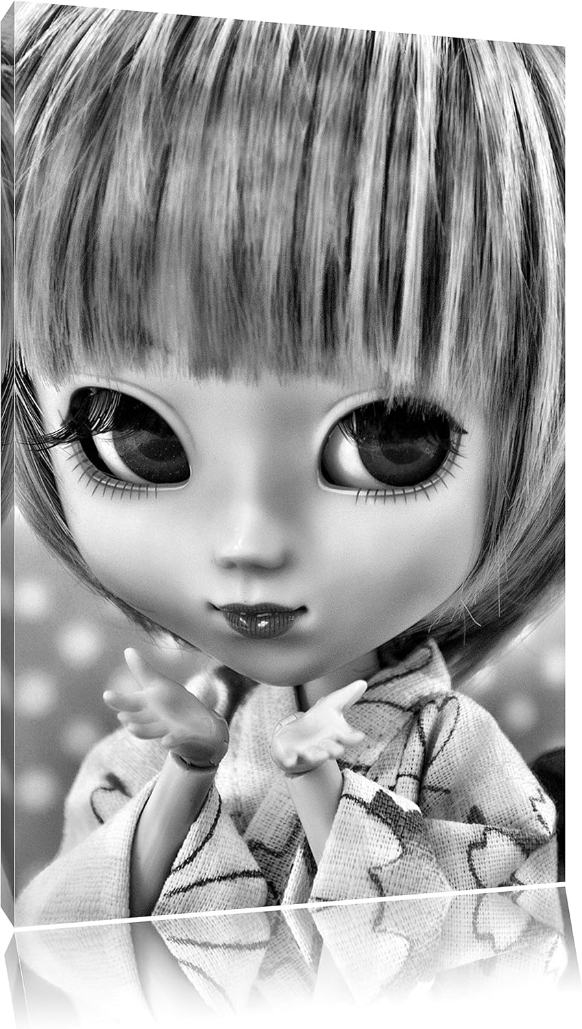 Pixxprint Monocrome, kleine Puppe im traditionellen Kimono, Format: 100x70 auf Leinwand, 100x70
