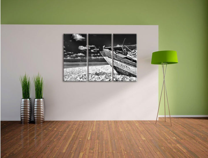 Pixxprint Monocrome, Boot am Strand 3-Teiler Leinwandbild 120x80 Bild auf Leinwand