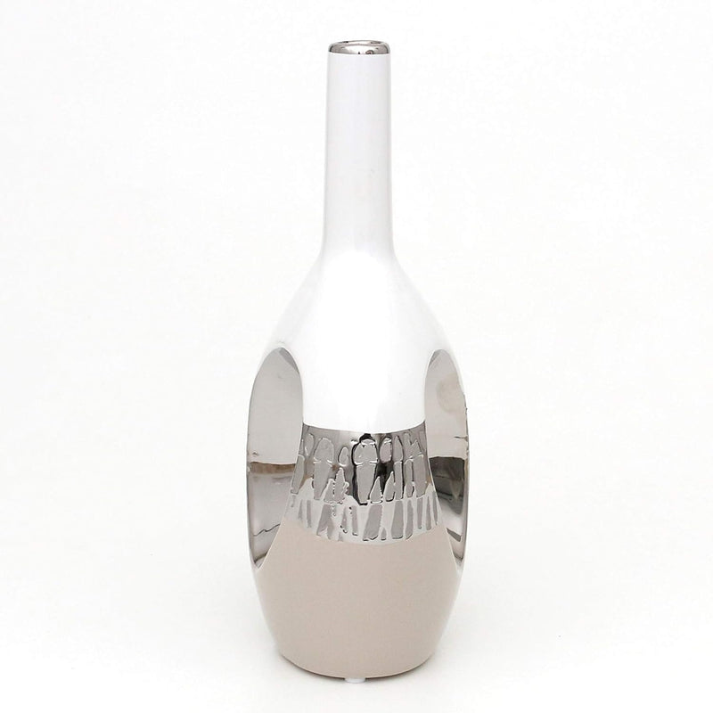 Dekohelden24 Moderne Deko Designer Keramik Vase oval mit Loch in Cappuccino/Silber/weiss. Masse L/B/