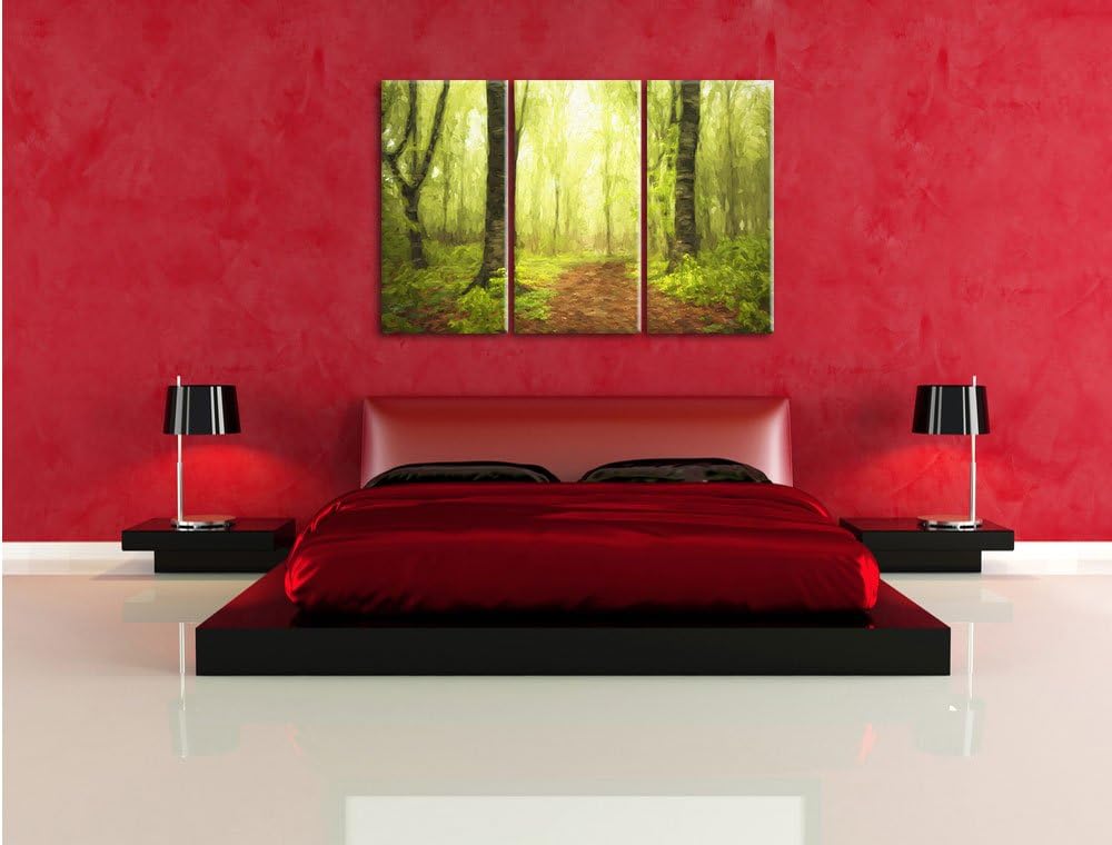 Pixxprint Sonniger Weg im atemberaubenden Wald Pinsel Effekt 3-Teiler Leinwandbild 120x80 Bild auf L
