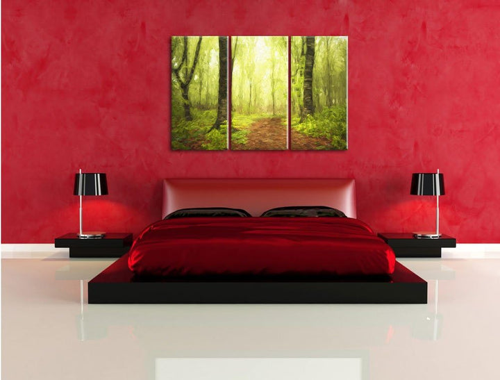 Pixxprint Sonniger Weg im atemberaubenden Wald Pinsel Effekt 3-Teiler Leinwandbild 120x80 Bild auf L