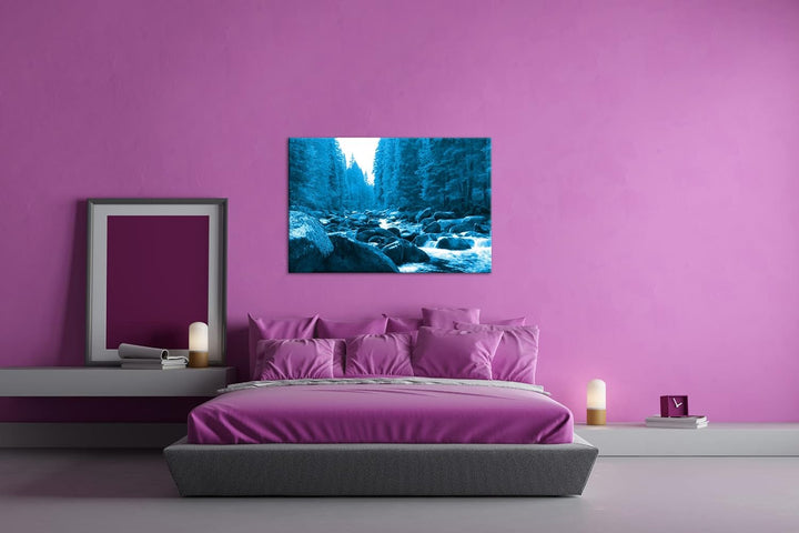 deyoli idyllischer Fluss im Wald Format 80x60 Effekt: Monocrome Blau als Leinwandbild, Motiv fertig
