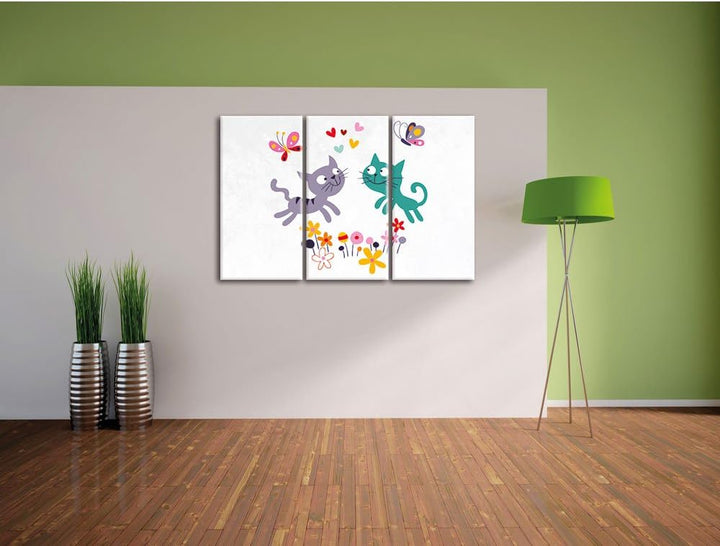Pixxprint fröhlich und spielende Kätzchen weiss 3-Teiler Leinwandbild 120x80 Bild auf Leinwand