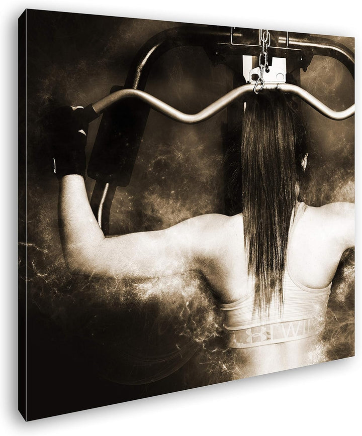 deyoli Frau beim Kraftsport Format: 70x70 Effekt: Sepia als Leinwandbild, Motiv fertig gerahmt auf E