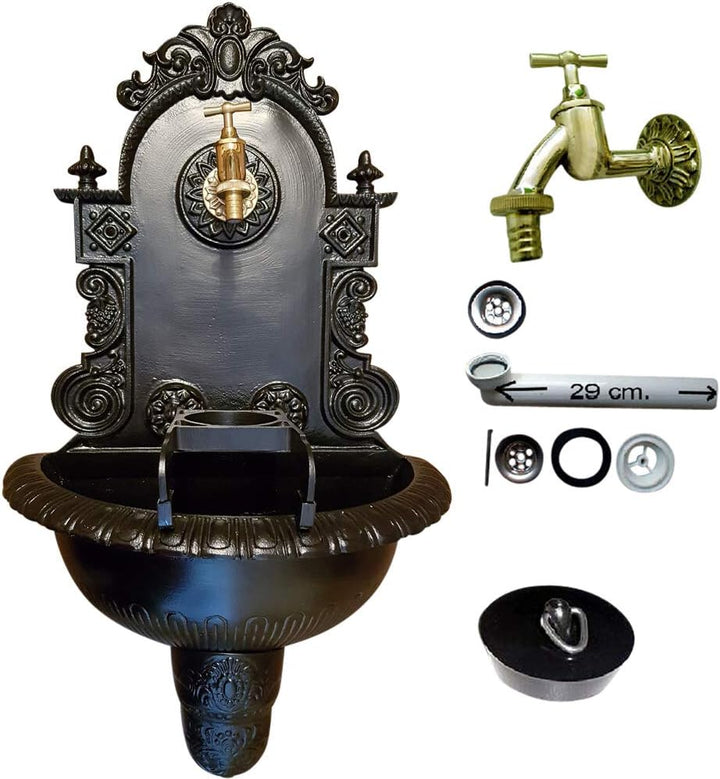 Wandbrunnen Graf von Gerlitzen Blumenampel Alu Bassena Wand Brunnen Kran Ablauf Schwarz (ANJA) MG1-F