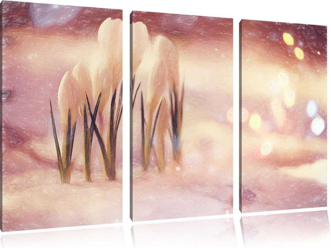 Pixxprint Schneeglöckchen im Frühjahr Kunst Buntstift Effekt 3-Teiler Leinwandbild 120x80 Bild auf L