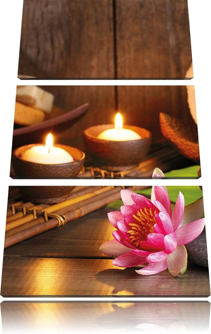 Pixxprint Kerzen mit Zen Steinen und Seerose als Leinwandbild | Grösse: 3 Teilig (120x80) | Wandbild