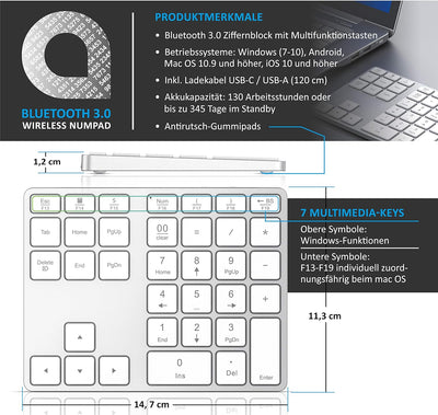 CSL - Bluetooth Numpad - Wireless Ziffernblock mit Multifunktionstasten – Keypad Aluminium - 35 Tast