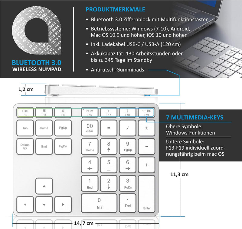 CSL - Bluetooth Numpad - Wireless Ziffernblock mit Multifunktionstasten – Keypad Aluminium - 35 Tast