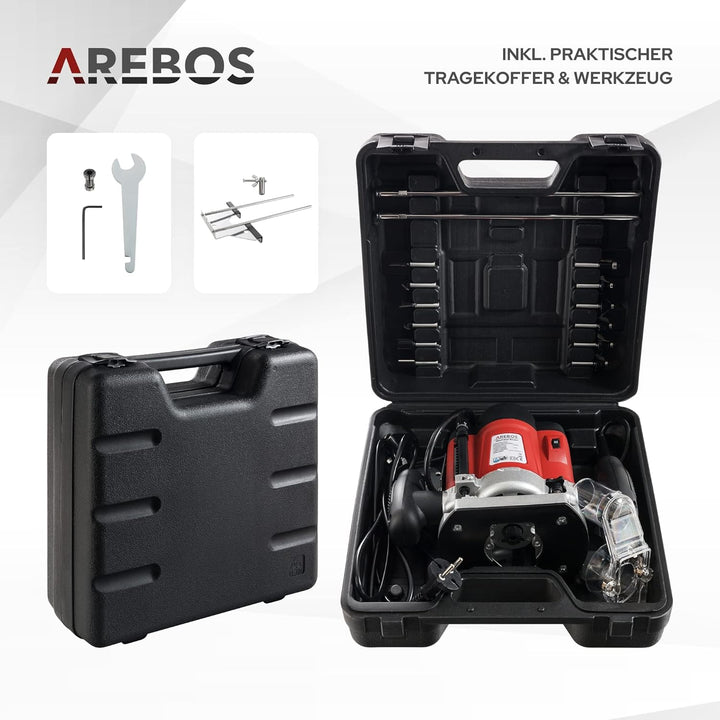 Arebos Oberfräse mit Koffer (1200 W, Ø 6 und 8 mm, Drehzahlregelung, Parallelanschlag, Reduzierstück