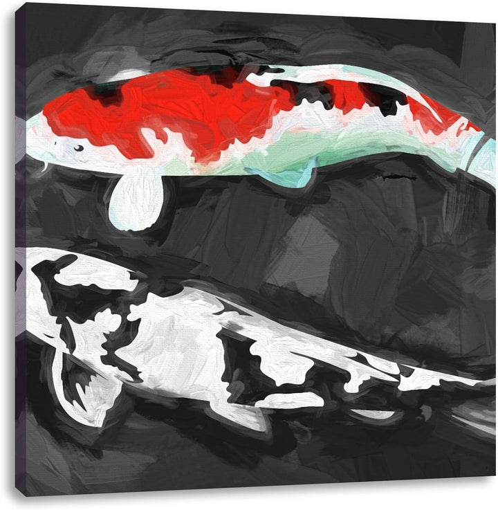 Gezeichnete Koi Karpfen, Format: 70x70 auf Leinwand, XXL riesige Bilder fertig gerahmt mit Keilrahme