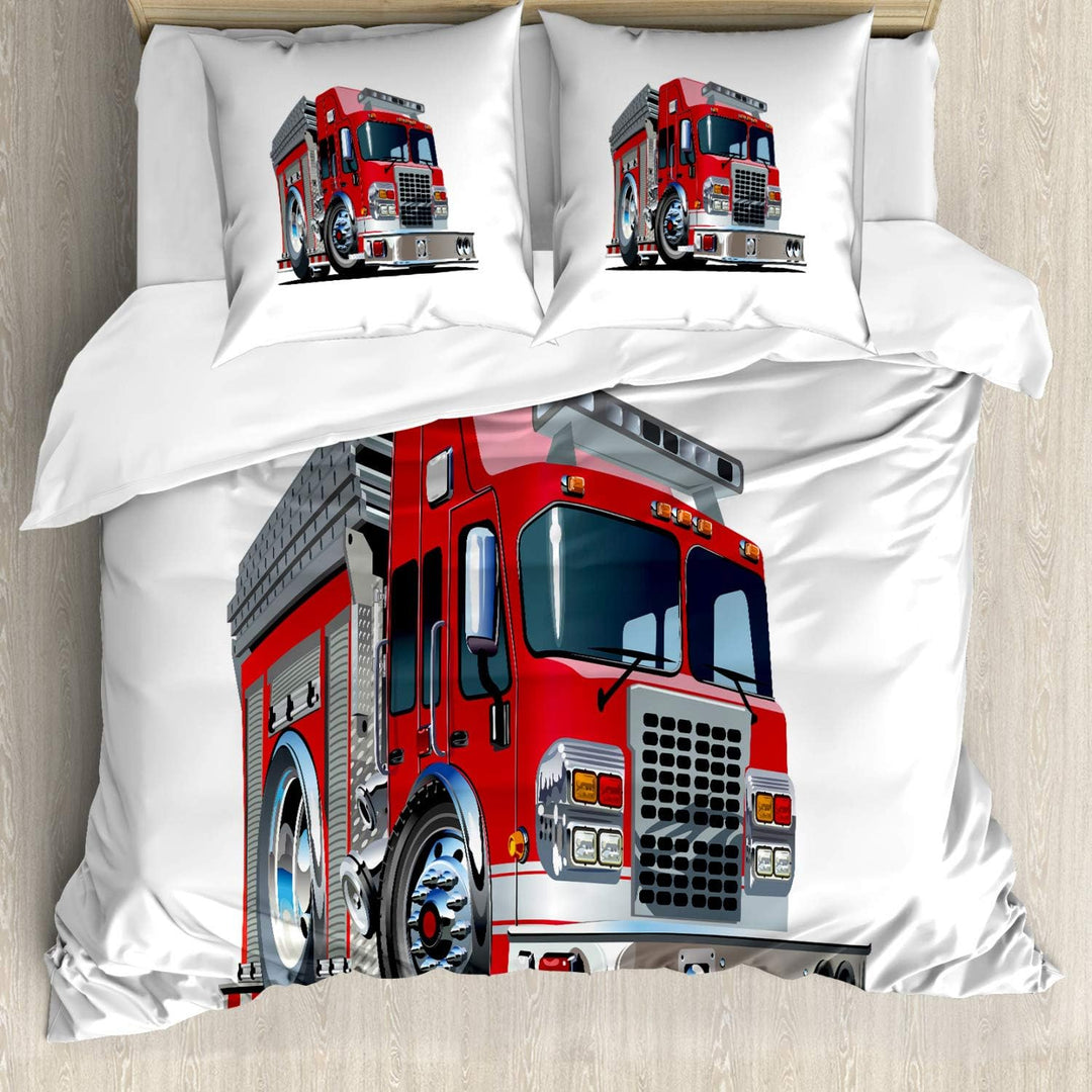 ABAKUHAUS LKW Bettbezugs Set Für Doppelbetten, Cartoon-Stil Feuerwehrmann, Milbensicher Allergiker g