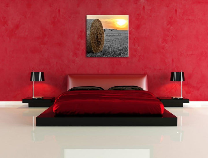 Pixxprint Strohballen auf Feld als Leinwandbild/Grösse: 70x70 cm/Wandbild/Kunstdruck/fertig bespannt
