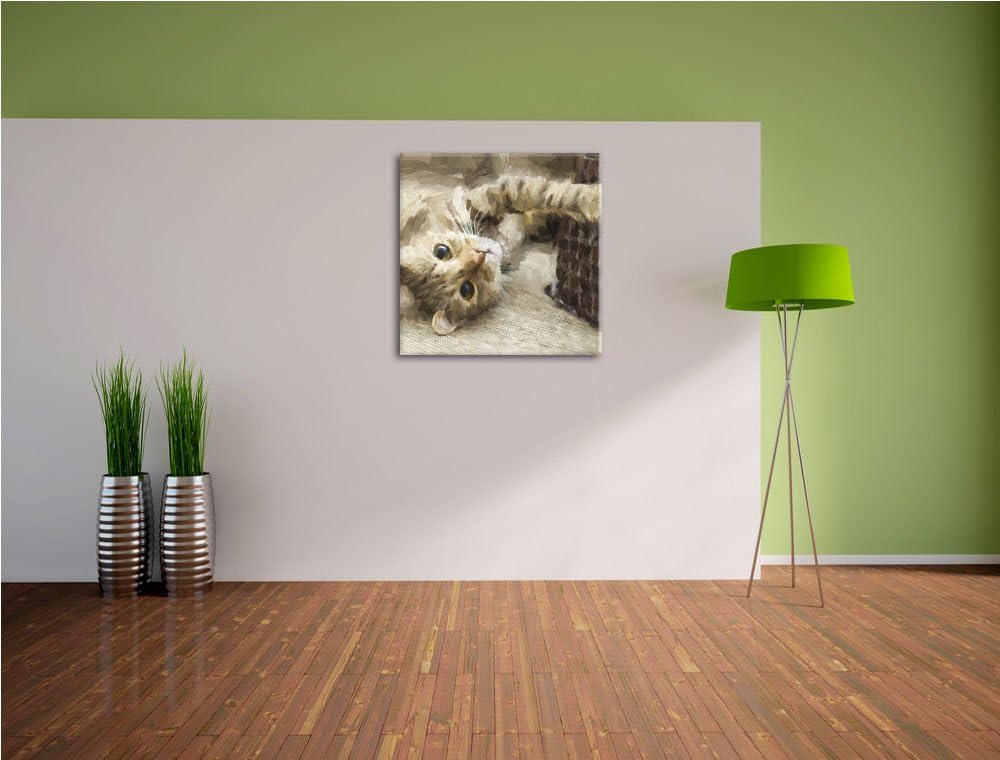 Pixxprint Katze streckt Sich als Leinwandbild Quadratisch/Grösse: 70x70 / Wandbild/Kunstdruck/fertig