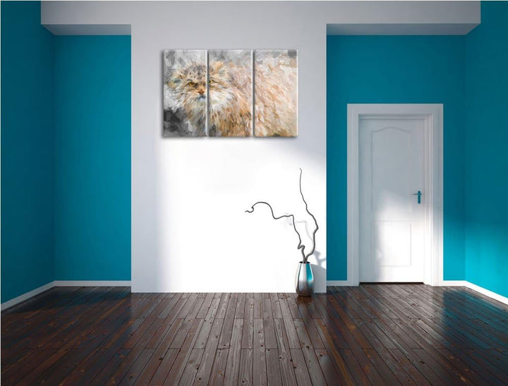 gereizte kleine Manul schwarz/weiss Deluxe 3-Teiler Leinwandbild 120x80 Bild auf Leinwand, XXL riesi