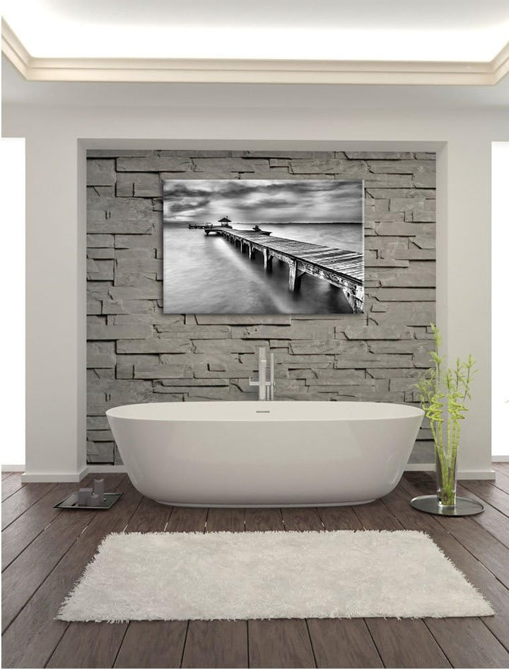 Pixxprint Monocrome, Riesiger Steg mit kleinem Pavillon, Format: 100x70 auf Leinwand, 100x70