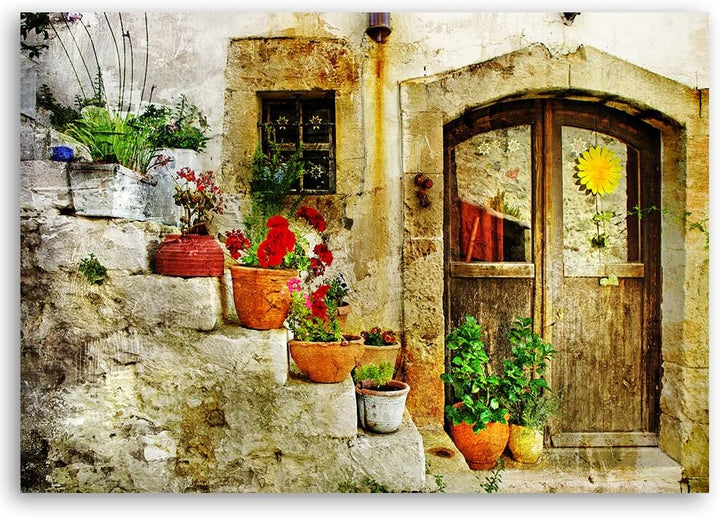 Feeby Vlies Leinwandbild Balkone Pflanzgefässe Fenster Toskana Italien 90x60 cm Druckbild Wandbild W
