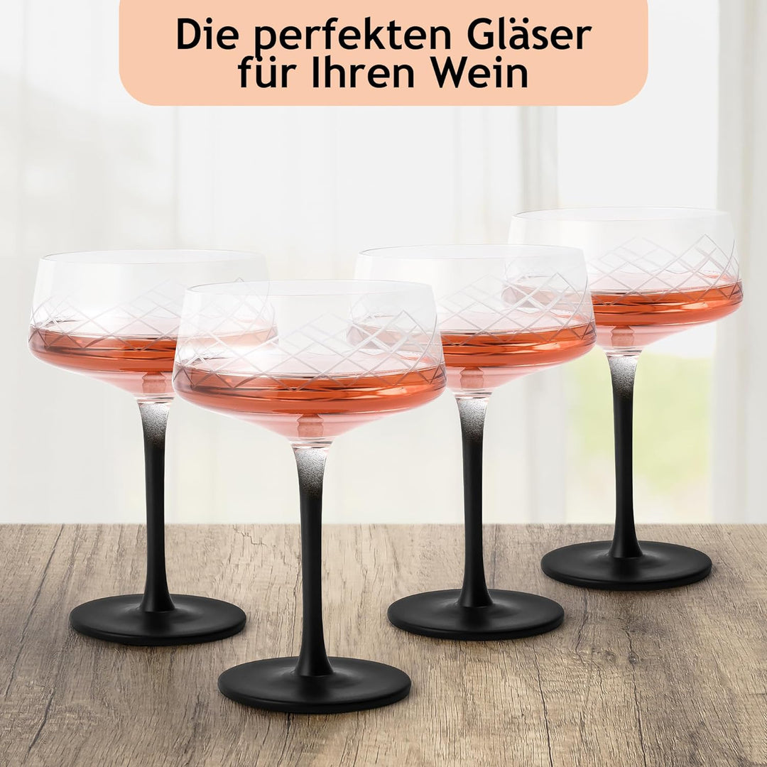 MIAMIO - 280 ml Coupe Gläser 4er Set mit Barlöffel, handgefertigte Kristall Cocktailgläser mit schwa