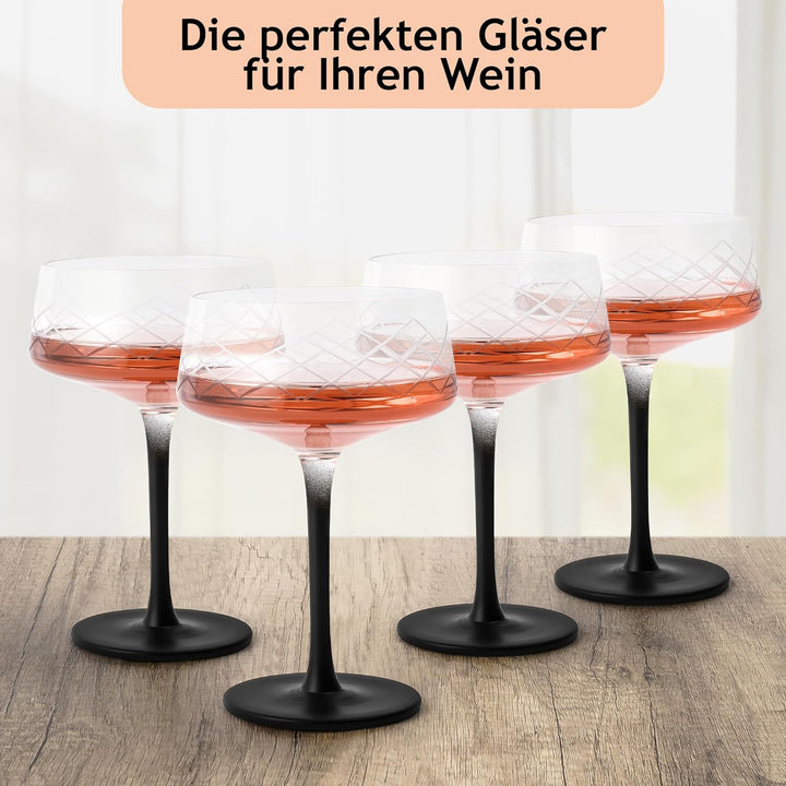 MIAMIO - 280 ml Coupe Gläser 4er Set mit Barlöffel, handgefertigte Kristall Cocktailgläser mit schwa