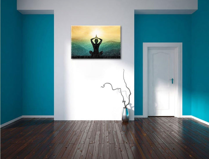 Pixxprint Yoga und Meditation in den Bergen Kunst Buntstift Effekt, Format: 100x70 auf Leinwand, 100