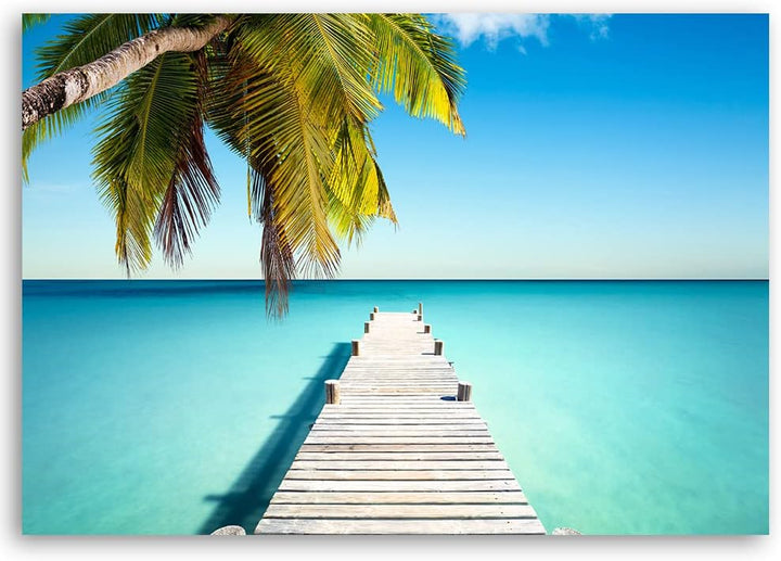 Feeby Vlies Leinwandbild Strand Palme Seebrücke Ozean 90x60 cm Druckbild Wandbild Wanddekoration Dek