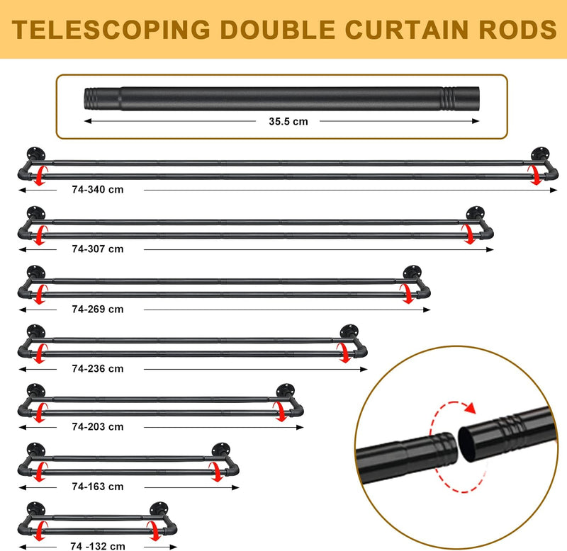 INFLATION Industrielle Doppel-Gardinenstangen, mattschwarze Vorhangstangen für Fenster 74-163 cm, 2,