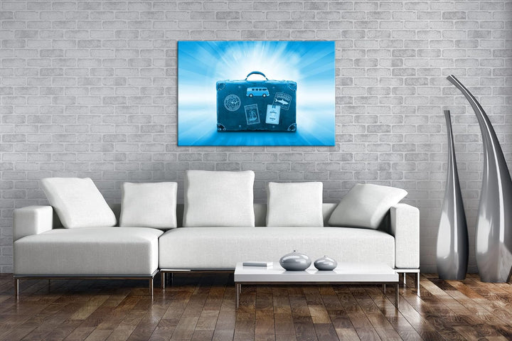deyoli Reisekoffer aus Leder Format 80x60 Effekt: Monocrome Blau als Leinwandbild, Motiv fertig gera