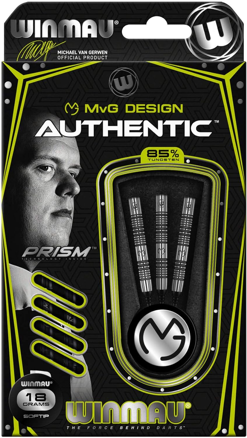 WINMAU Michael Van Gerwen MvG Authentic 22g Profi Wolfram Softip Dartpfeile Set mit Flights und Schä