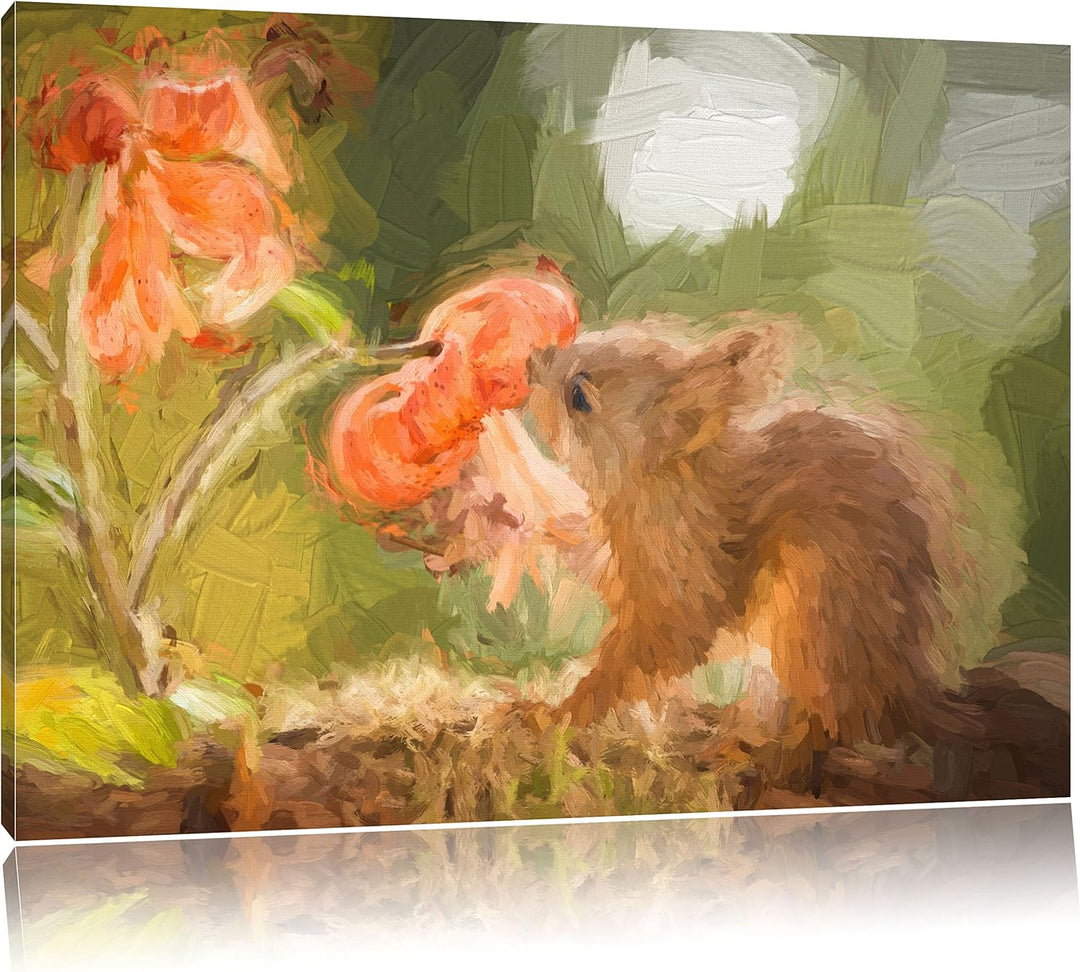 Pixxprint Eichhörnchen riecht an Einer Blume als Leinwandbild/Grösse: 100x70 cm/Wandbild/Kunstdruck/