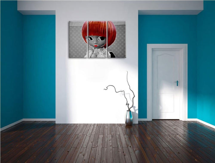 hübsche Puppe im traditionellen Kimono schwarz/weiss Spezial 3-Teiler Leinwandbild 120x80 Bild auf L