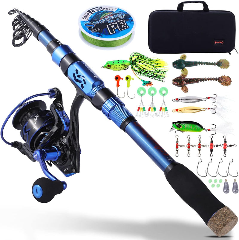 Sougayilang Angelrute und Rolle Combos, Kohlefaser Teleskop Angelrute 12 +1 BB Spinning Reel mit Tra